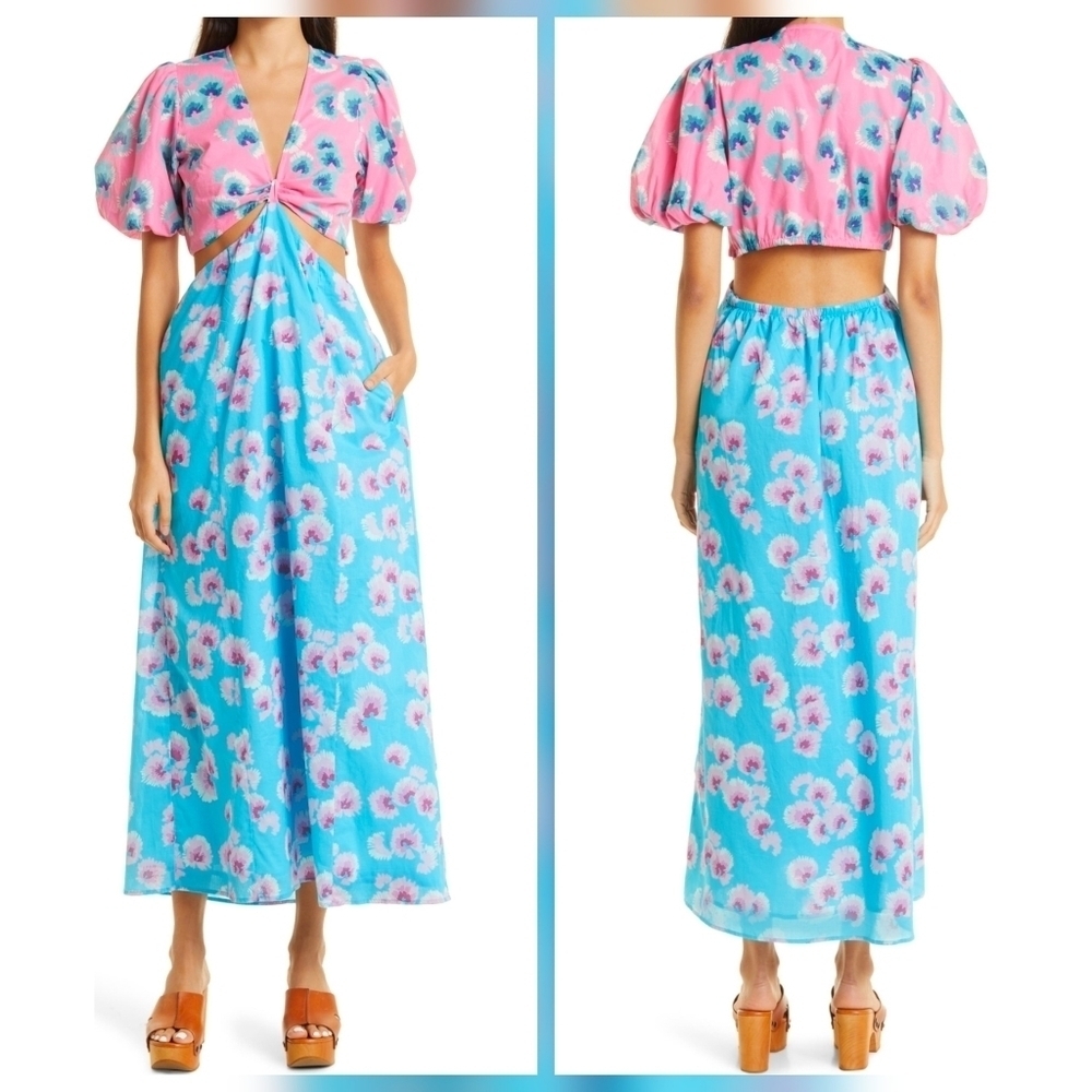 BANJANAN Mariana Floral Pink Blue Colorblock Cutout Cotton Dress, Size XS